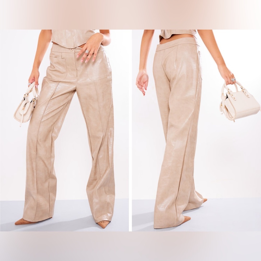 Prettylittlething Pebble Croc Faux Leather Front Pocket Wide Leg Pant 10 Beige
